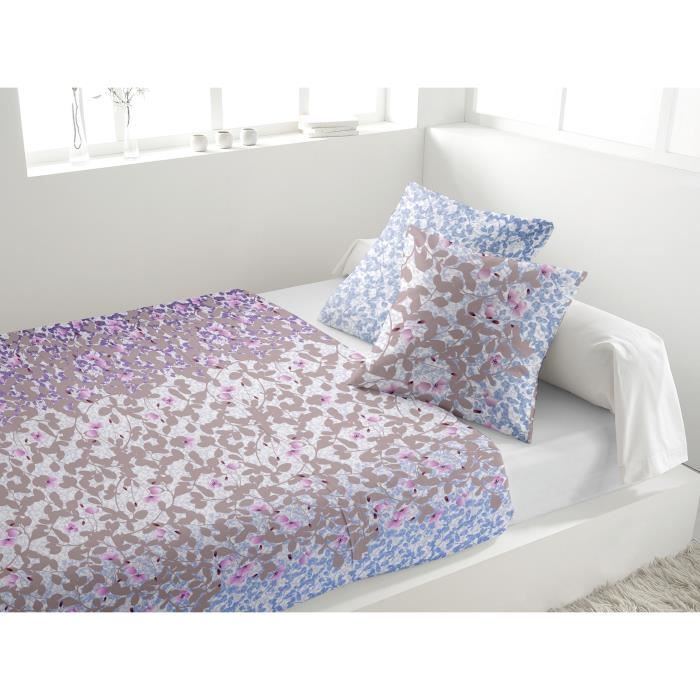 SOLEIL D'OCRE Parure de lit BOUQUET 100% coton flanelle - 1 drap housse + 1 drap plat et de 2 taies d'oreiller - Bleu