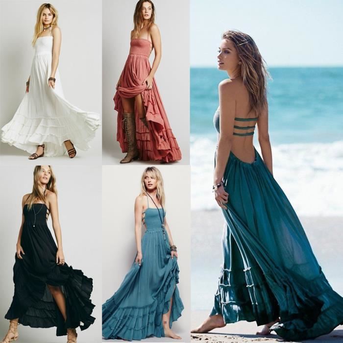 Robe Femme Bleu XL sexy Boho Chic Bohème gainante longue Dos Nu Cotton pour Soirée