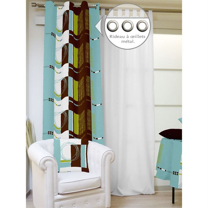 RIDEAU A OEILLETS 140x250 cm KIF CHOCO/TURQUOISE   Achat / Vente