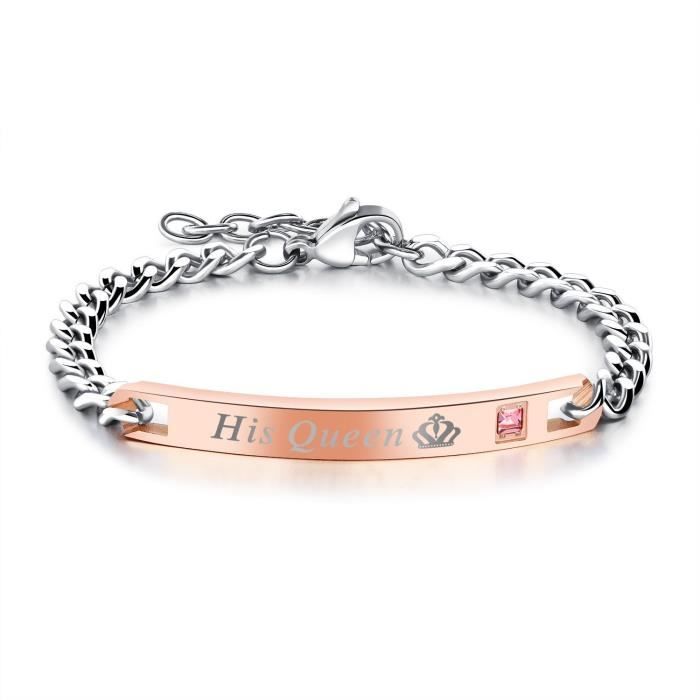 His Queen Her King Couple Bracelet Acier Inoxydable Bijoux Amoureux Gourmette Cadeau Saint,Valentin (Femmes)