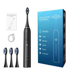 Brosse a dents electrique rechargeable sonic pour adultes Etanche 3 Modes à choisir noir avec 3 têtes de rechange Brosse a dents electrique rechargeable sonic pour adultes Etanche 3 Modes à choisir noir avec 3 têtes de rechange
