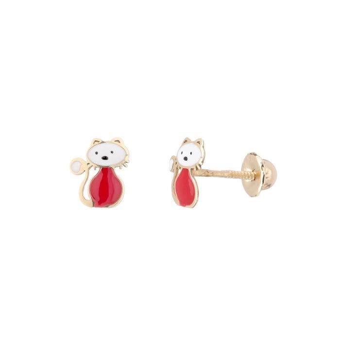 YSORA - Boucles D'Oreilles Chat Blanc et Rouge à Vis en Or Jaune - Enfant