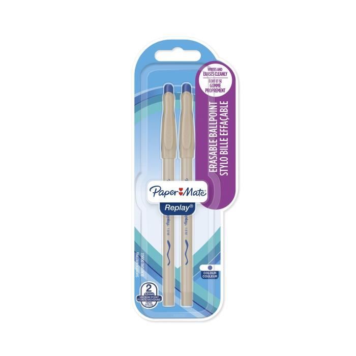 PAPER MATE Lot de 2 stylos à bille Replay - Effaçable - Pointe moyenne 1 mm - Bleu
