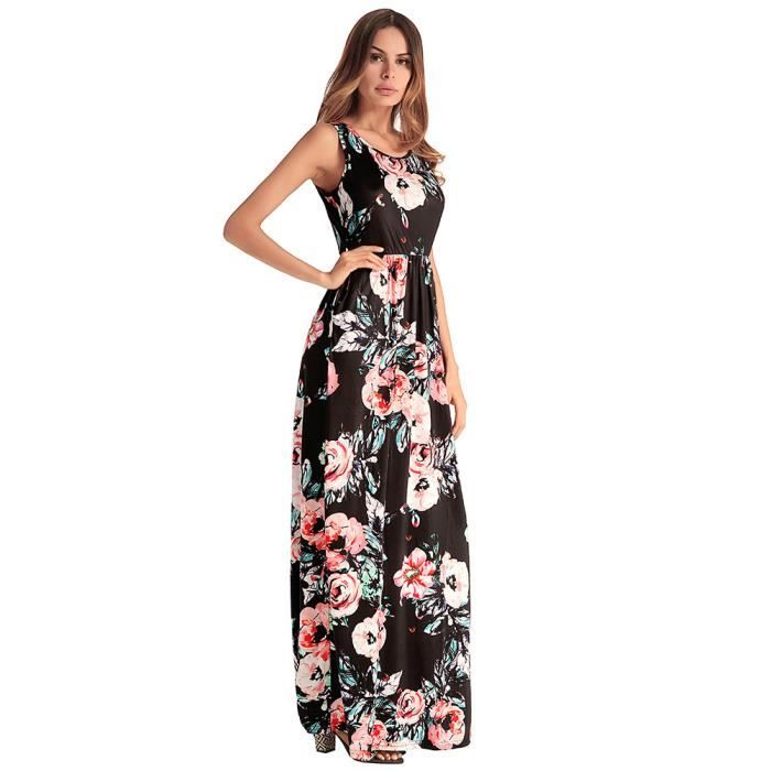 Wowa Elegante Femme Robe Maxi Floral Imprimé Sans Manches Robe De Plage Noir