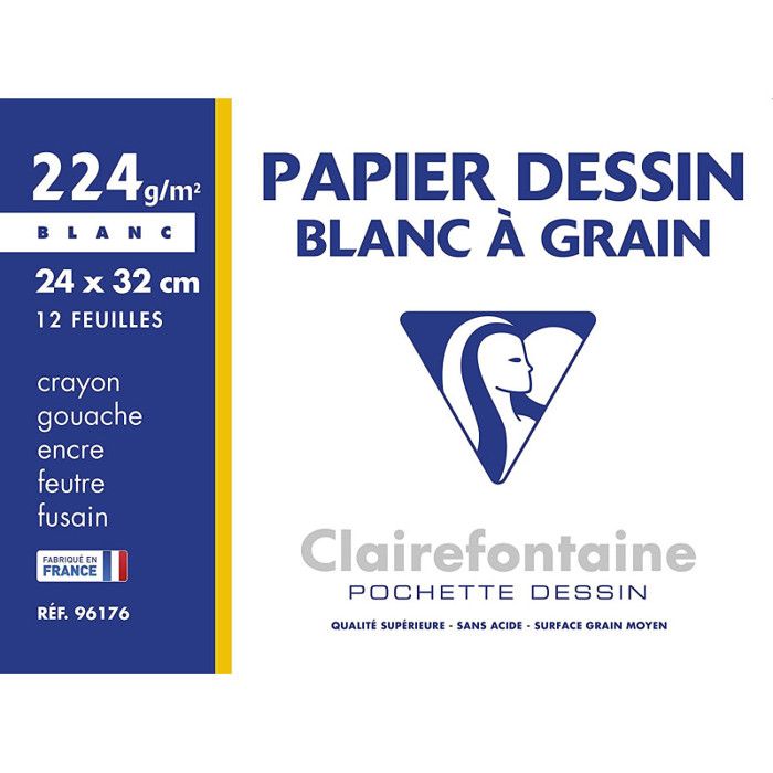 CLAIREFONTAINE - Pochette dessin - Papier a grain P.E.F.C - 24 x 32 - 12 feuilles - 224G - Blanc