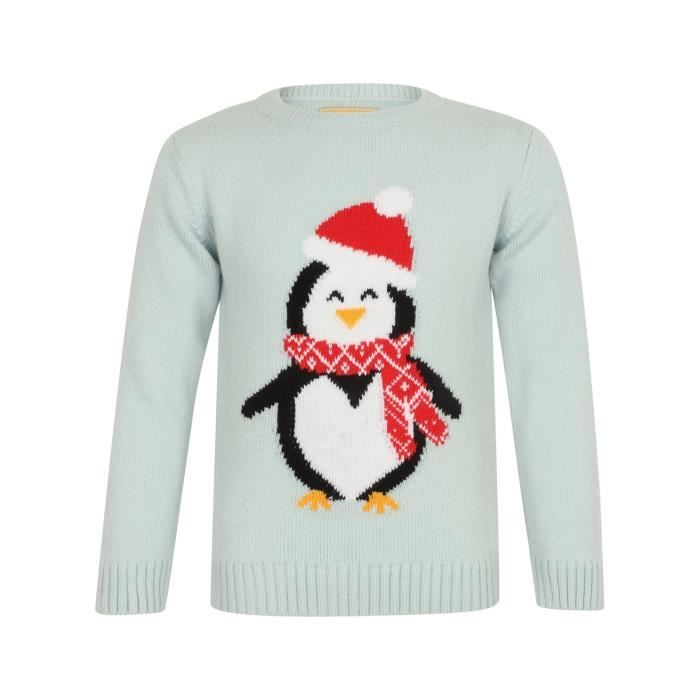 Pull de Noël Pingouin Bleu Ciel Chiné Enfant Fille