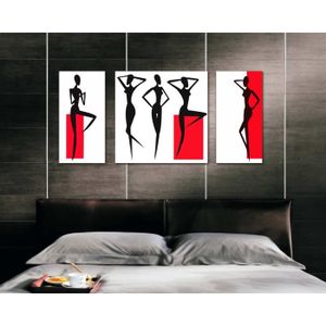 Peinture à Lart Murale Moderne à 3 Pièces Noir Blanc Rouge Femme à