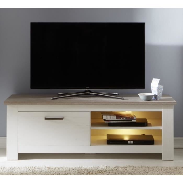 LOTTE Meuble TV Mural LED classique mélaminé décor chêne bistré et pin blanchi - L 246 cm