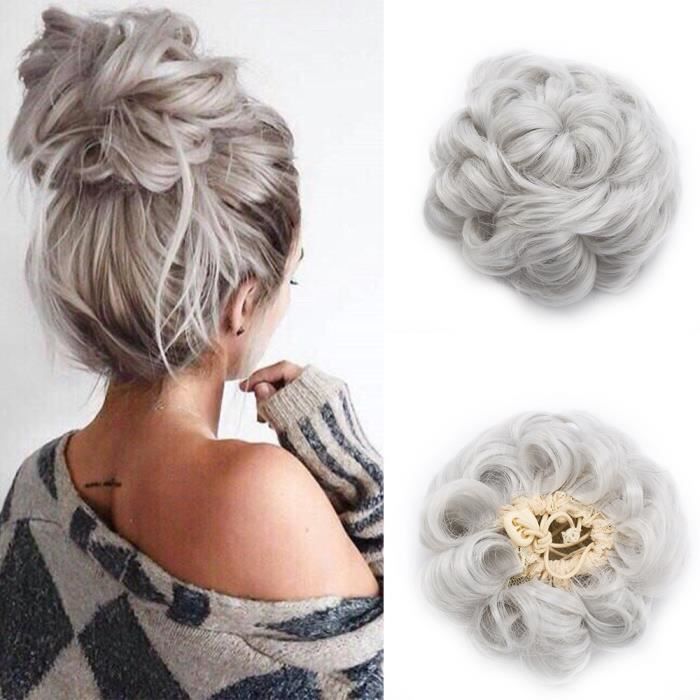 Chouchou Postiche Chignon Ondulé Avec Bandeaux Elastique , Gris Argenté , Scrunchie Hair Bun Ribbon Ponytail