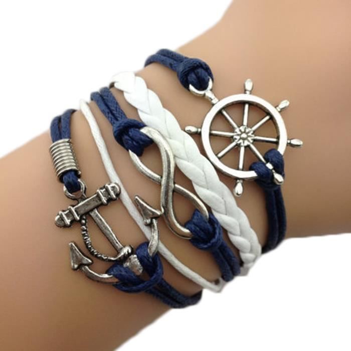 BRACELET , GOURMETTE Bracelet Infini Marin Roue Ancre Bleu et Blanc