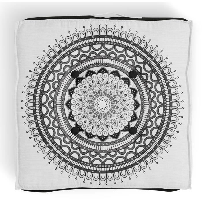 SOLEIL D'OCRE Coussin de sol Mandala - 40x40x8 cm - Blanc et noir