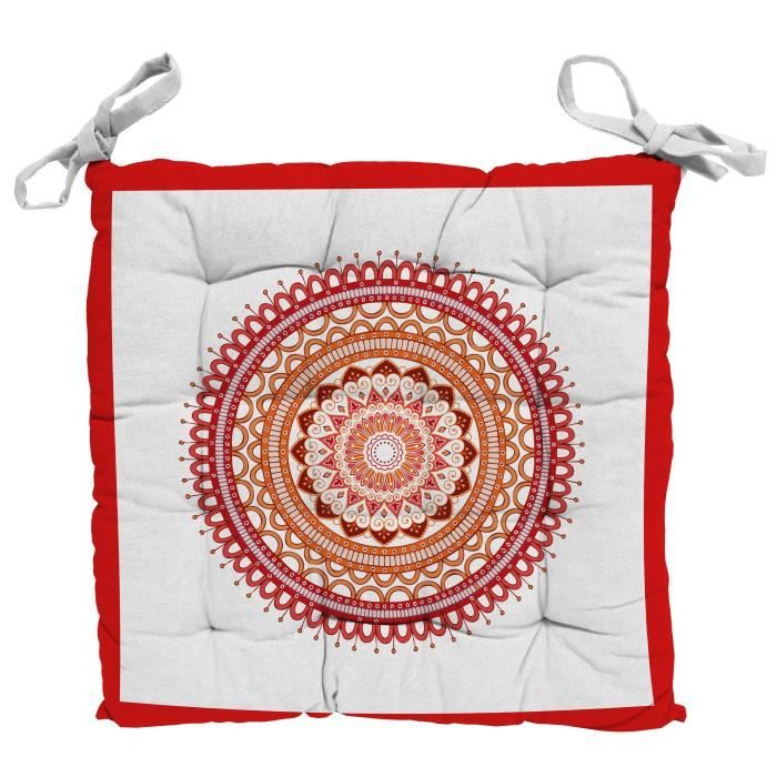 SOLEIL D'OCRE Galette de chaise capitonnée Mandala en coton - Orange corail