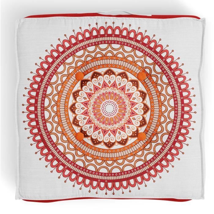 SOLEIL D'OCRE Coussin de sol Mandala - 40x40x8 cm - Blanc et orange corail