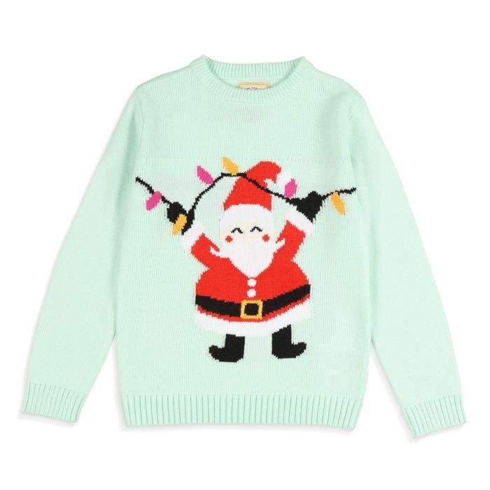 Pull de Noël Père Noël Vert d'Eau Enfant Fille