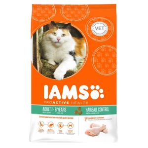 IAMS Croquettes au poulet - Boule de poils - Toutes races - 10kg - Pour chat adulte