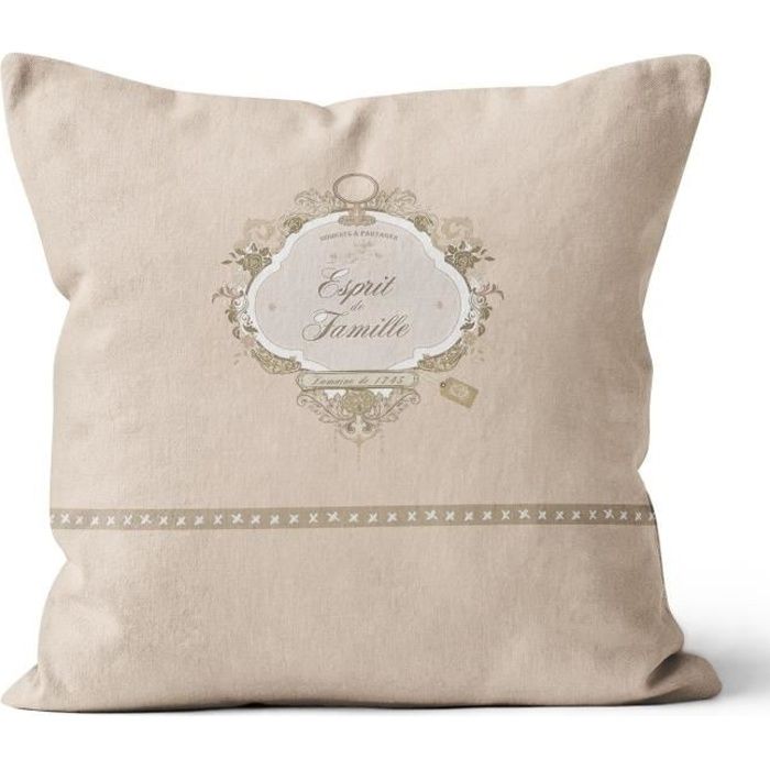 SOLEIL D' OCRE Coussin Esprit de Famille 100% coton - Déhoussable - 40 x 40 cm - Naturel