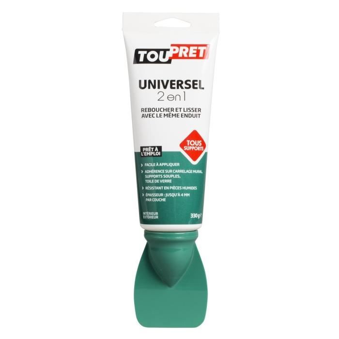 TOUPRET Enduit rebouchage/lissage universel 2 en 1 en tube avec bouchon spatule 330 g