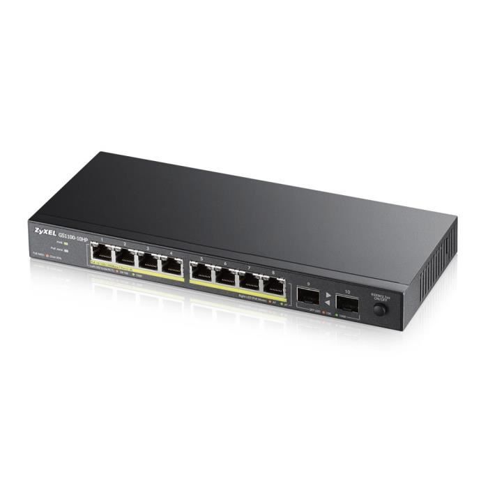ZYXEL Commutateur GS1100-10HP - Non géré - 8 x 10/100/1000 (PŒ+) + 2 x Gigabit SFP - Ordinateur de bureau - PŒ+ (130 W)