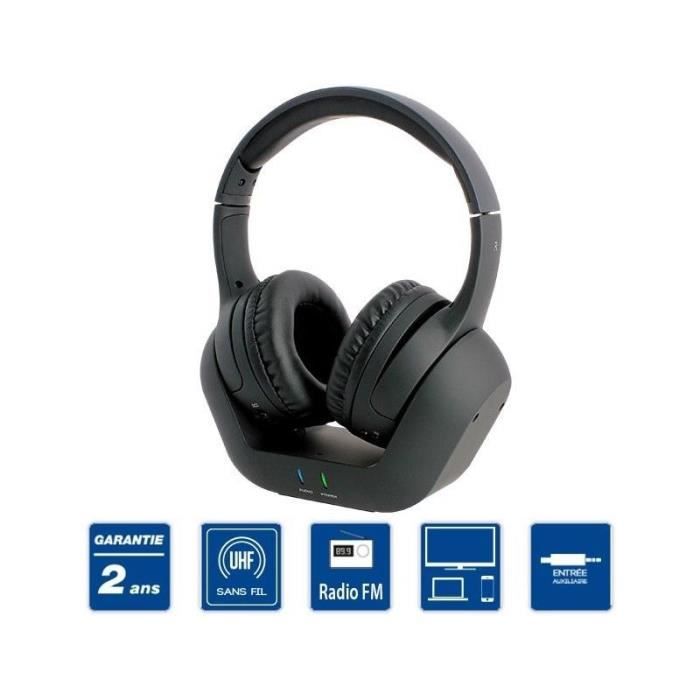 Casque Tv Sans Fil Uhf Rechargeable Sur Socle Avec Tuner Radio Fm