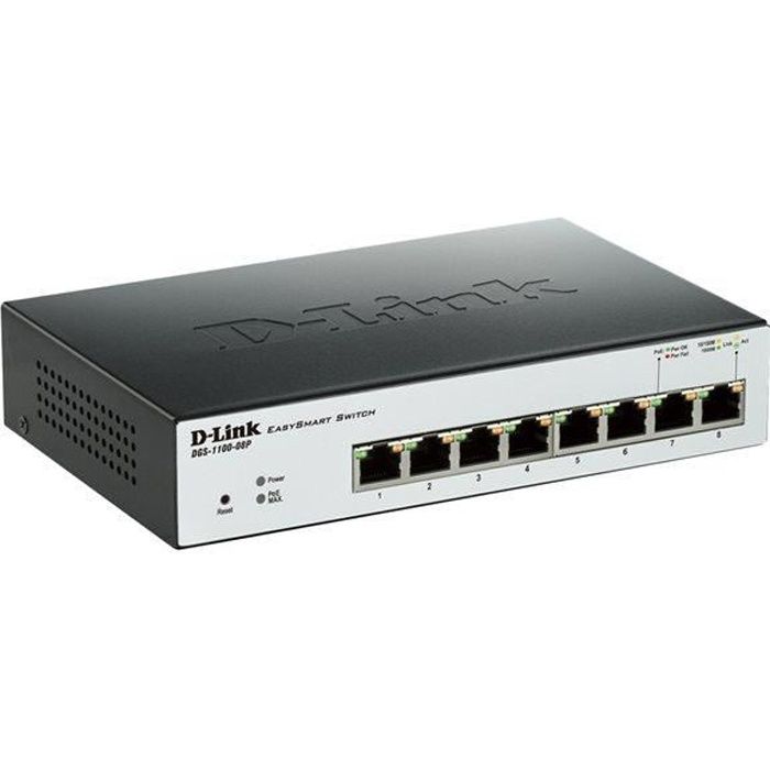 D-LINK Switch Easy Smart 8 Ports - DGS-1100-08P - 10/100/1000Mbps Gigabit PŒ - Idéal pour entreprise administration et réseaux gérés - Noir