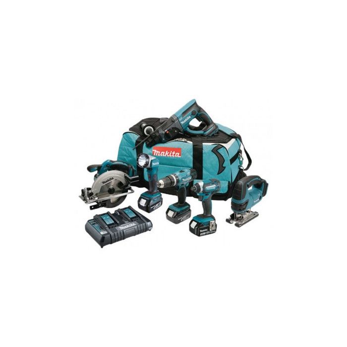 MAKITA Pack 6 machines DLX6068PT avec 3 batteries 18V 5Ah Li-ion, sac de transport et chargeur DC18RD