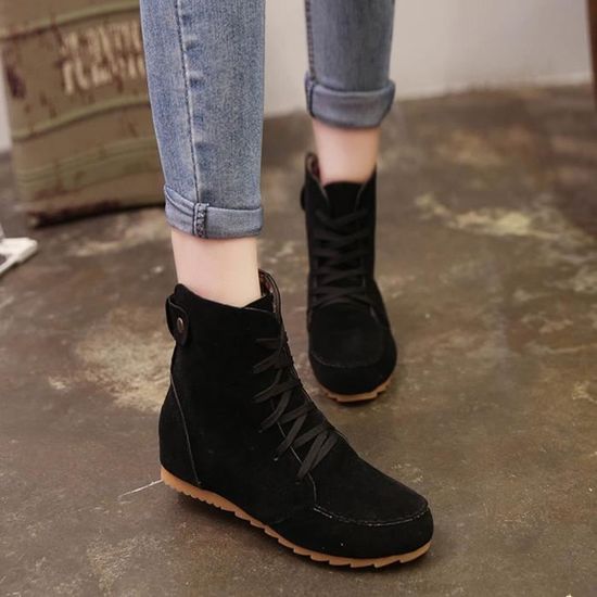 Lacets Cuir Bottes Plates Bottines Suédé Femme Moto En Neige À Noir qAwFntg