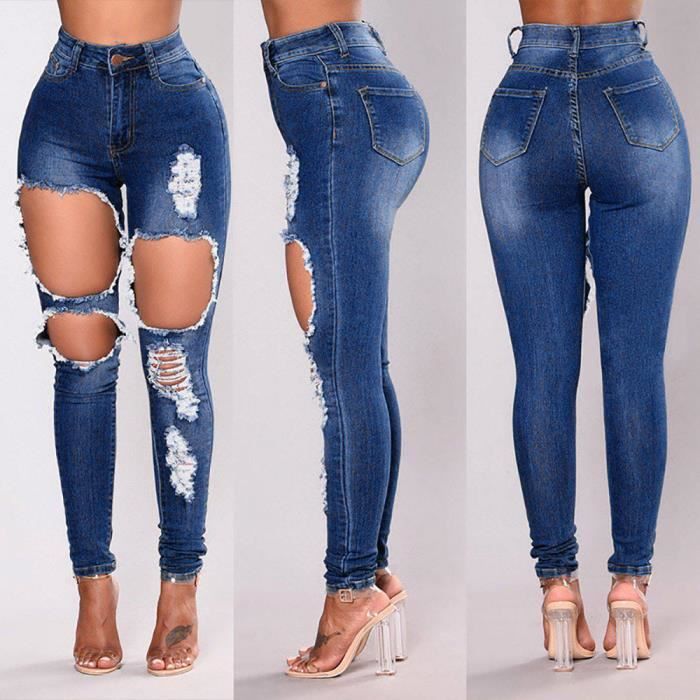 Mode Femmes Jeans Denim Trou Femme taille haute stretch ...