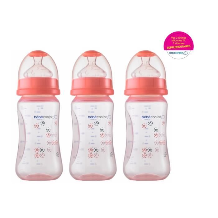 BEBE CONFORT lot de 3 biberon maternity 270ml rose + 2 tetines experte OFFERTES