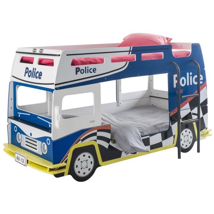 POLICE Lit superposé enfant avec sommiers contemporain laqué bleu et blanc - l 90 x L 200 cm