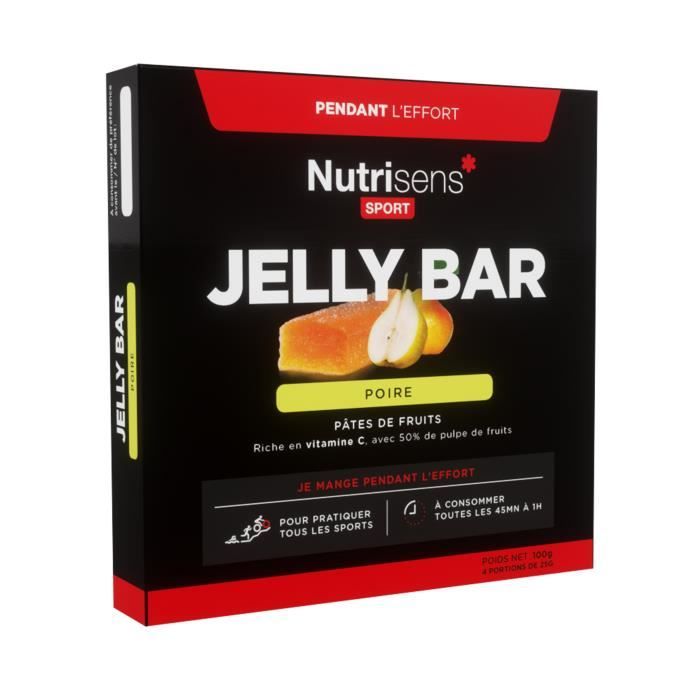 NUTRISENS Complément alimentaire - Etui de 4 barres énergétiques de pâte de fruit de 25g JellyBar - Poire