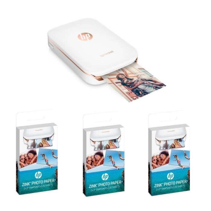 Imprimante Photo de poche HP - Sprocket Blanche - Impression Instantanée + Pack 3 x20 feuilles papier photo adhésif ZINK