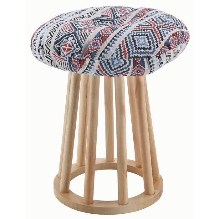 MEXICO Pouf rond en bois pin revetu de tissu motif azteque pieds en bois bouleau Ethnique L 30 x P 30 cm