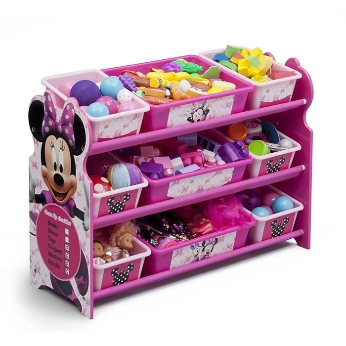 MINNIE - Meuble de Rangement Enfant en Bois avec 9 bacs Plastique - Rose et Multicolore