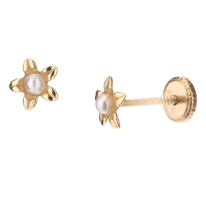 YSORA - Boucles D'Oreilles Fleur Perle à Vis en Or Jaune - Enfant