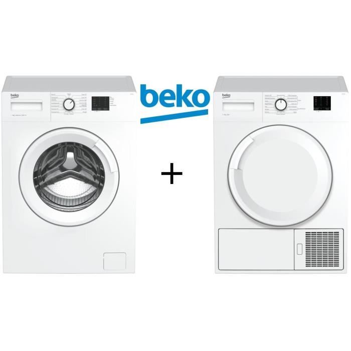 PACK lavage BEKO - Lave linge frontal-7 kg-1200 tours + Sèche linge frontal-7 kg-Pompe à chaleur