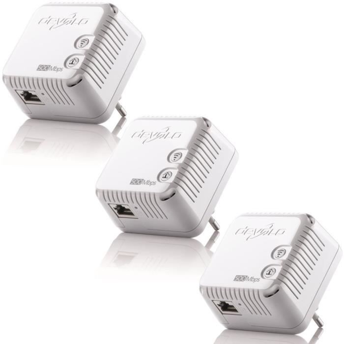 Pack de 3 x DEVOLO 9077 dLAN 500 WiFi, Prise réseau CPL Wi-Fi 500 Mbit/s, 2 ports Fast Ethernet, Module complémentaire (x1)