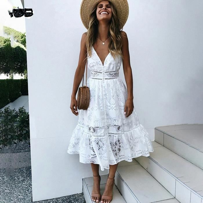 v cou sexy dentelle robe d'été femmes strap bouton casual robe