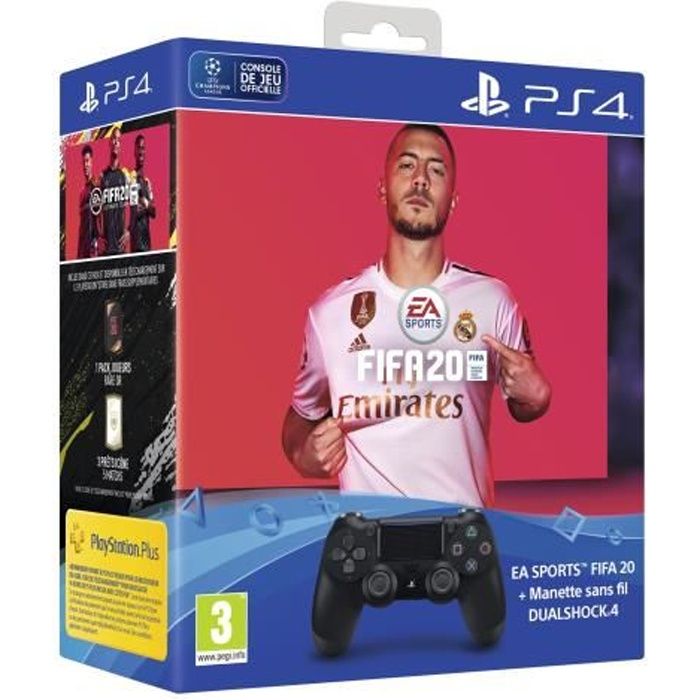 Manette Dual Shock 4 Noire V2 + FIFA 20 Jeu PS4 + FUT Points Voucher + PS Plus 14 Jours