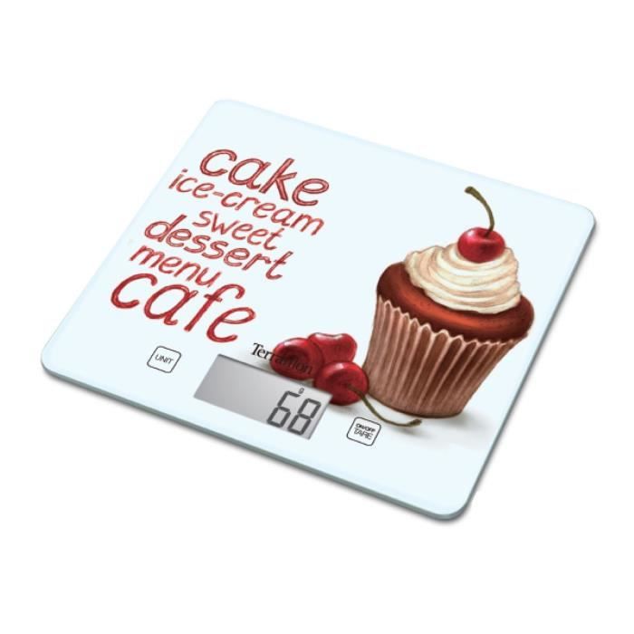 TERRAILLON Balance culinaire T1040 GOOD CAKE - 3 kg - LCD - Tare - Plateau verre - Slim - Décor