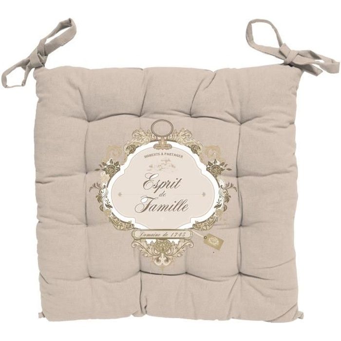 SOLEIL D' OCRE Dessus de chaise capitonné Esprit de Famille 100% coton - 40 x 40 cm - Naturel
