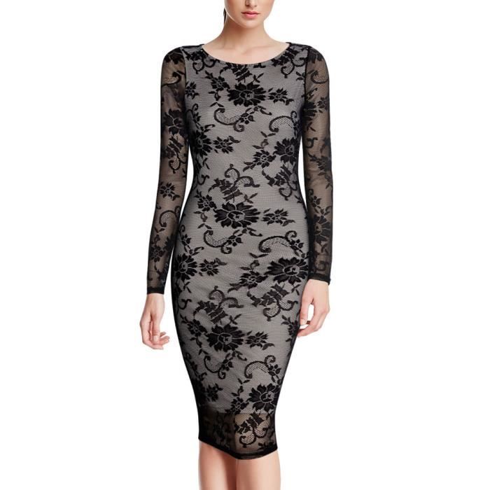 Crayon Soirée Manches Robe Dentelle Femmes Moulante Floral Long x0wndBOq4