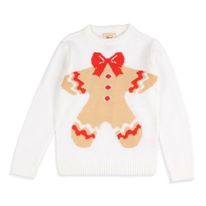 Pull de Noël Pain d'Épices Blanc Enfant Fille
