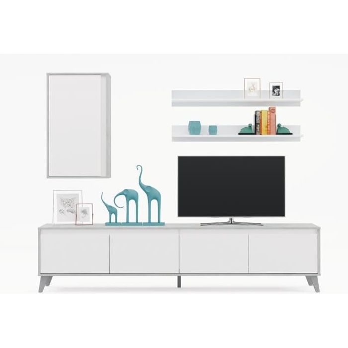 ALLURE Meuble TV de 4 portes - Décor béton blanc - L 200 x P 41 x H 50 cm