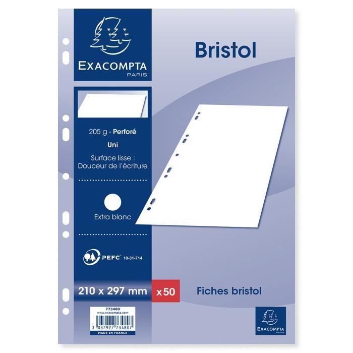 EXACOMPTA 50 fiches Bristol blanches perforées - 210 x 297 mm - Uni PEFC 205 g - Avec encart (Lot de 3)