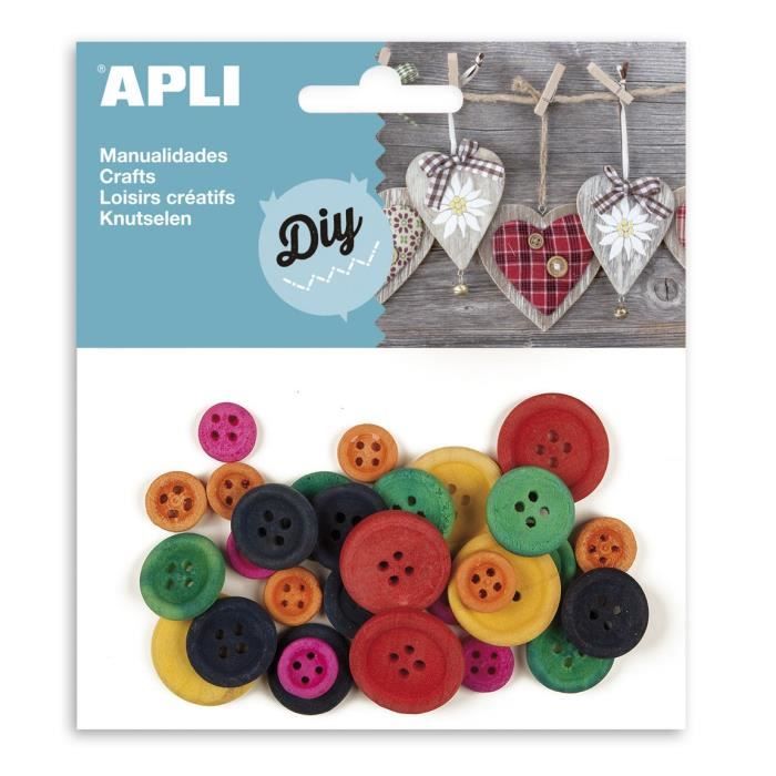 APLI Sachet de 30 boutons en bois - Tailles et couleurs assorties