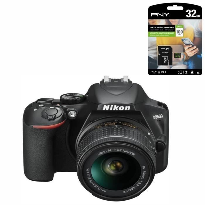 NIKON D3500 Appareil photo Reflex + Objectif AF-P DX 18-55 VR - 24.2Mp DX, vidéo FullHD + PNY Carte Micro SD 100Mo 32Go