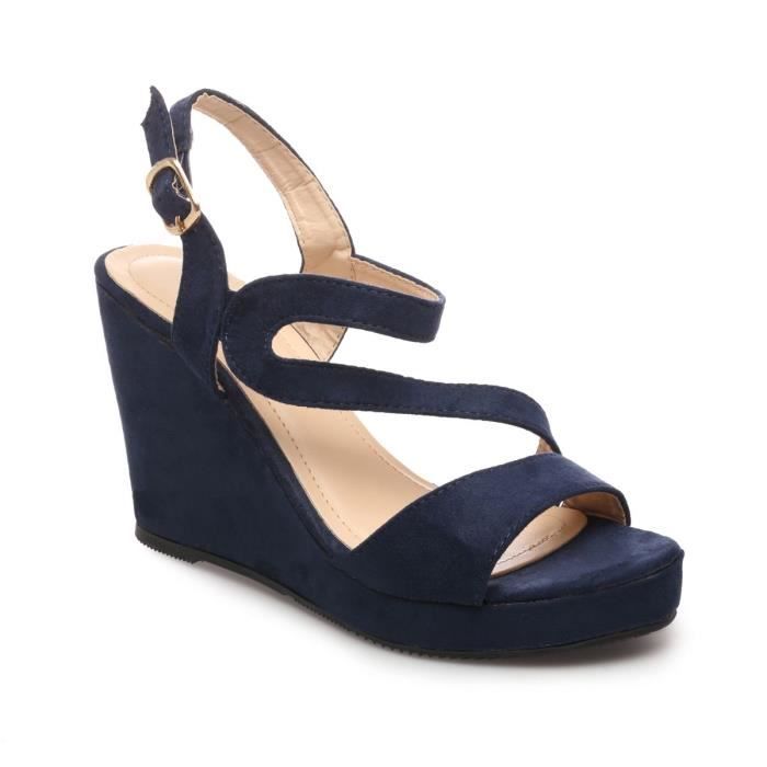 Sandales compensées bleues suédine