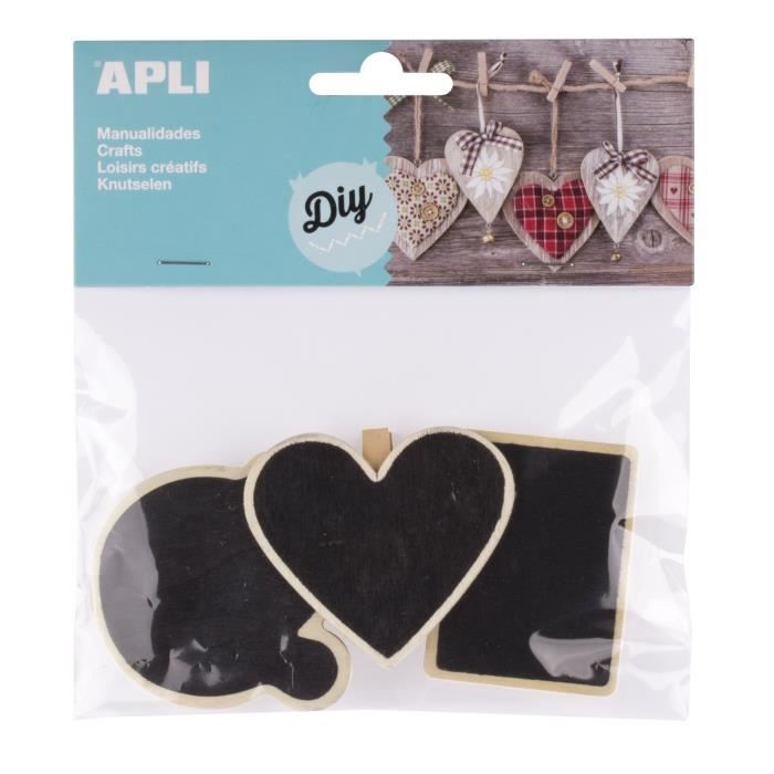 APLI Sachet de 3 mini pinces en bois ardoise - Forme : bulle, cŒur et tableau