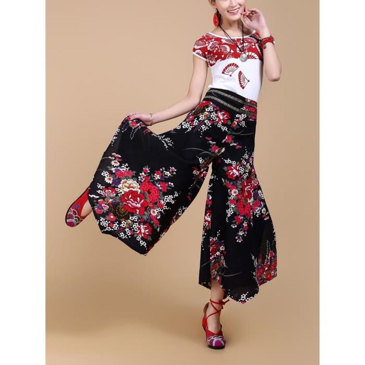 Pantalon large jambes Noir femme OL vintage lin fluide ...