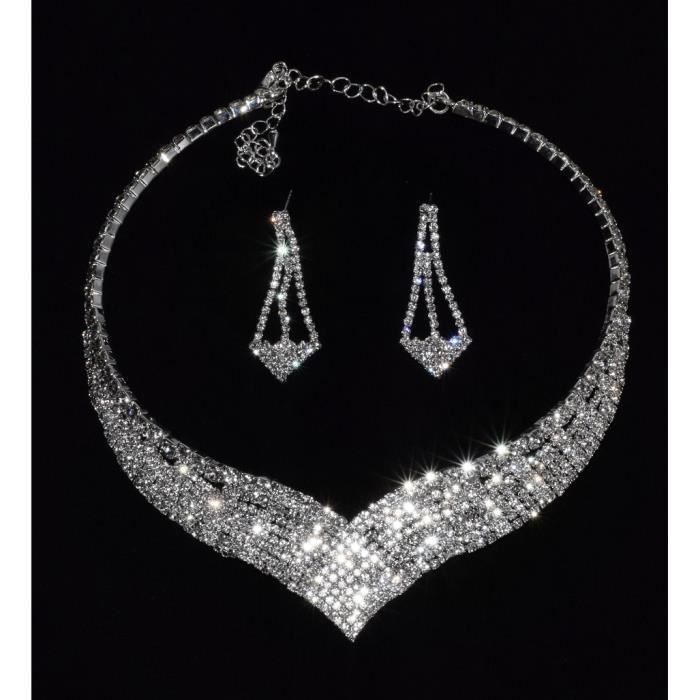 Parure De Bijoux De Mariée Fashband - Collier Et Boucles D'oreilles Strass Argenté, Longueur Ajustable